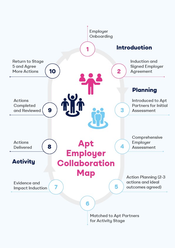 Image shows the 10 stage process that employers will go through when working with Apt. This includes Introduction, Planning, Activity and Review.