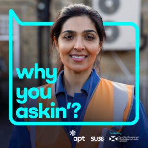A photo of a person wearing a blue shirt and a high vis vest. They are standing outside, looking at the camera and smiling. Around them is a bright blue speech bubble with text that reads, why you askin'?